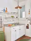 grey counters and white cabinets